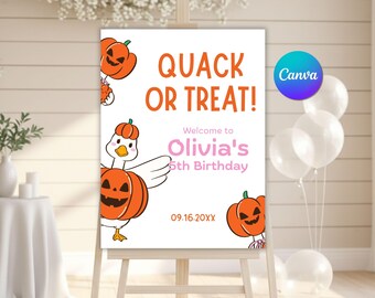 Quack or Treat Halloween Birthday Welcome Sign, Editable Kids Spooky Duck Poster, Costume Party Banner, Canva Template, Instant Download