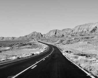 Open Road Photography Print | Black and White Desert Landscape | Travel Wall Art