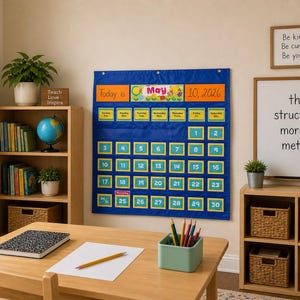 May include: A classroom scene with a wooden table, bookshelves, and a blue calendar. The calendar displays the month of May 2026. A whiteboard with the text "the structured morning method" hangs on the wall. A sign reads "Teach Love Inspire".
