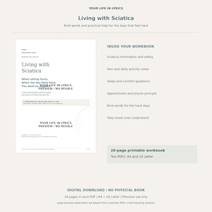 Può includere: Un quaderno di esercizi stampabile di 20 pagine intitolato Living with Sciatica, che include sezioni su note sul dolore, domande sul sonno e suggerimenti per la fisioterapia. Formati PDF A4 e US Letter inclusi.