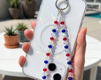 Patriotic Crystal Phone Charm, Red White Blue Beaded Phone Strap, Rainbow Sun Catcher Lanyard