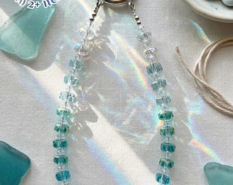 Ocean Light Crystal Phone Charm, Aqua Blue Beaded Lanyard Strap, Bag Accessory