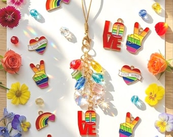 Rainbow Love Phone Charm, Pride Beaded Phone Strap, Crystal Rainbow Bag Charm, LGBTQ Gift, Wearable Magic