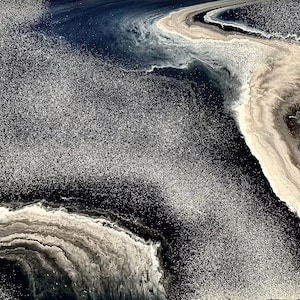 May include: Abstract art piece with a flowing design. The artwork features a blend of dark blue, black, white, and beige tones, creating a textured, fluid appearance. The piece has a speckled effect, adding depth and visual interest.