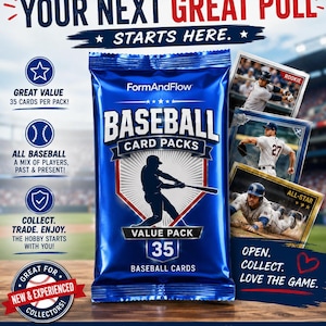 May include: A blue foil pack of FormAndFlow baseball cards featuring a silhouette of a batter, the text BASEBALL CARD PACKS, and the number 35. The pack is surrounded by promotional text and three baseball trading cards showing players in action.