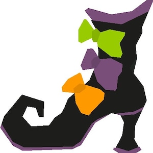 May include: A black witch's shoe with a pointed toe and a high heel. The shoe has a purple trim and is decorated with three bows: one orange, one green, and one purple.
