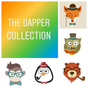 Puede incluir: La tarjeta de título "The Dapper Collection" con un fondo degradado de naranja, amarillo, verde y azul. Debajo del título hay seis ilustraciones de animales que visten ropa y accesorios elegantes: un zorro con un sombrero de copa, pajarita y monóculo; un búho con un sombrero de copa, pajarita y monóculo, sosteniendo un libro; un mono con gafas redondas y pajarita; un pingüino con un sombrero de copa, gafas redondas y pajarita, fumando una pipa; un oso con gafas redondas y pajarita, fumando una pipa; y un zorro con un sombrero de copa, pajarita y monóculo.