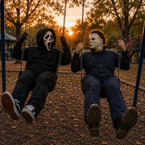May include: Two figures on swings wearing horror masks. One wears a black hooded sweatshirt, black pants, and black and white sneakers with a white ghost mask. The other wears a dark blue jumpsuit and brown boots with a pale, textured human mask.