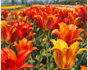 Può includere: Dipinto a olio di un campo di tulipani colorati sotto un cielo blu. I fiori, in tonalità di rosso, arancione e giallo, si ergono su steli verdi. Lo sfondo mostra altri tulipani e una linea di alberi in lontananza.
