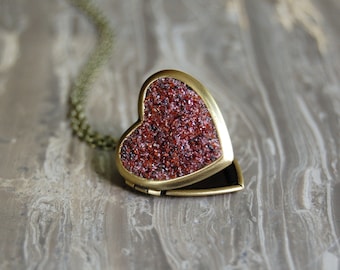 Crushed Crystal Druzy Heart Locket Necklace
