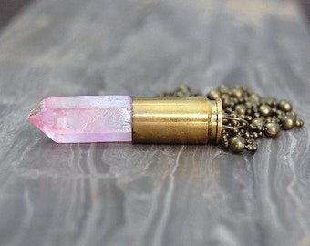 Pink Rainbow Aura Quartz Crystal Bullet Necklace