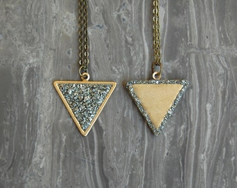 REVERSIBLE Crushed Crystal Triangle Necklace - 2 in 1 Necklace - Bronze Tone Style
