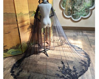 Gothic Black Wedding Cape Veil with Hood, Lace Floral Cloak Bride Floor Length