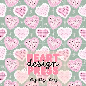 May include: A repeating pattern of pink hearts with various designs on a light green background. Some hearts have dotted or striped patterns, while others have small heart shapes. The text "HEART design PRESS By Liz Way" is displayed in pink.