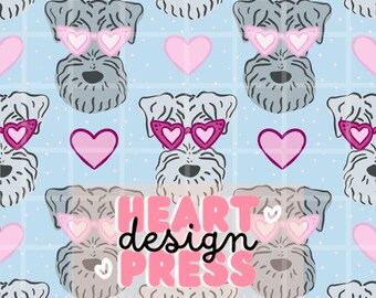 Valentine Schnauzer Seamless Pattern, Dog with Heart Glasses Digital Paper, Girlie Love Dog Printable
