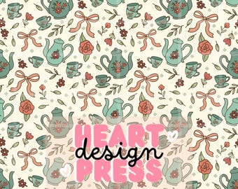 Coquette Floral Tea Party Pattern – Teapots, Teacups & Bows Seamless Design