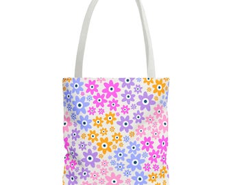 Retro Floral Pattern Tote Bag | Pink Purple Orange Flower Print