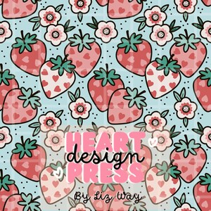 Puede incluir: Patrón repetido de fresas con detalles de corazón y flores sobre un fondo azul claro. El texto "HEART design PRESS By Liz Way" se muestra en rosa. Las fresas son rojas con copas verdes.