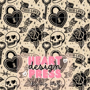 May include: A repeating pattern featuring black and white tattoo-style illustrations on a beige background. The design includes heart-shaped locks, keys, roses, skulls with heart-shaped eyes, and banners that read "TRUE LOVE." The text "HEART design PRESS By Liz Way" is also present.