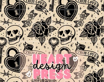 Gothic Valentine Tattoo Pattern – Skull Hearts, Lock & Key Seamless Design Black