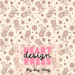 May include: A repeating pattern of brown cowboy boots and snowflakes on a cream background. The boots have decorative stitching. Small brown stars are scattered throughout the design. The text "HEART design PRESS By Liz Way" is in the centre.