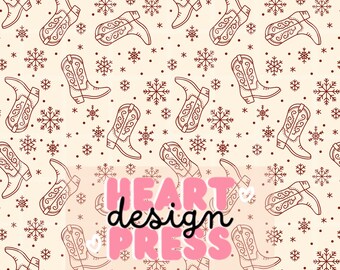 Winter Cowboy Boot Pattern – Western Snowflake Red Line Art Seamless Design