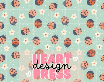 Ladybug Seamless Pattern, Spring Bug Digital Paper, Green Floral Polka Dot Ladybug Nursery Printable