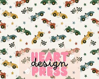 Vintage Race Car Seamless Pattern Retro Kids Racing Design Derby Car Digital Download