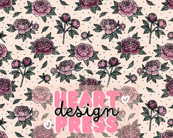 Tattoo Inspired Peony Seamless Pattern, Floral Flash Style Digital Paper, Vintage Linework Flower Background