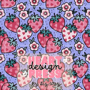 Puede incluir: Patrón repetitivo de fresas rosas con detalles de corazón y flores blancas sobre un fondo morado claro. El texto "HEART design PRESS By Liz Way" está superpuesto al diseño.