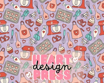 Valentine Baking Kitchen Pattern – Hearts, Mixers & Cupcakes Seamless Design
