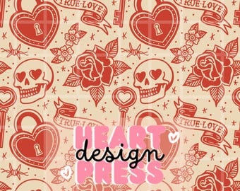 Gothic Valentine Tattoo Pattern – Skull Hearts, Lock & Key Seamless Design Red