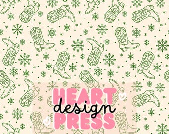 Winter Cowboy Boot Pattern – Western Snowflake Green Line Art Seamless Design