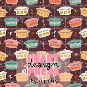 May include: A repeating pattern of colorful casserole dishes in various colors, including pink, yellow, green, and white, on a dark brown background. The design includes decorative bows and the text "HEART design PRESS By Liz Way".