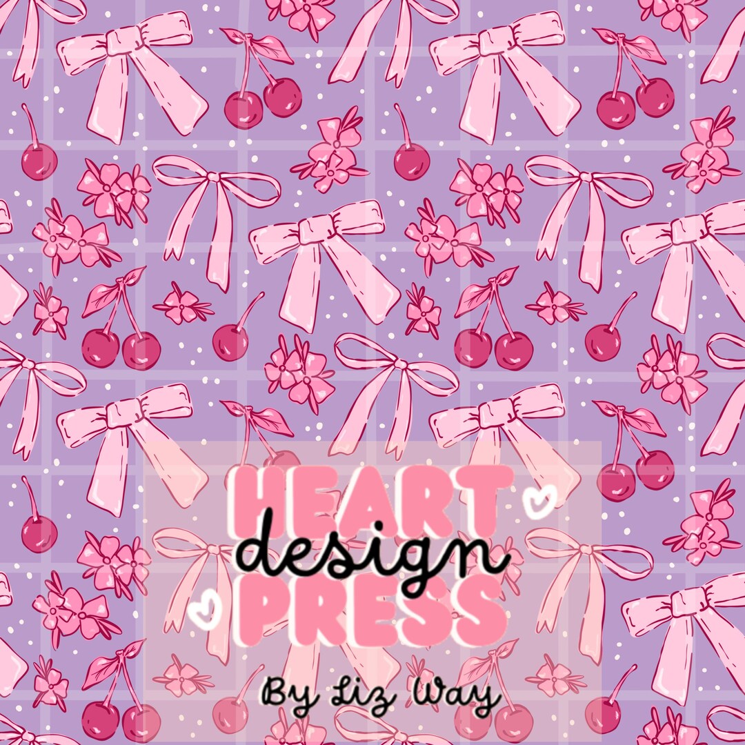 Coquette Bow Cherry Seamless Pattern, Girly Purple Floral Digital Paper ...