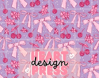 Coquette Bow Cherry Seamless Pattern, Girly Purple Floral Digital Paper, Cute Ribbon Cherry Download