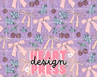 Coquette Bow Seamless Pattern, Cherry & Floral Girly Digital Paper, Lavender Cute Ribbon Background, download