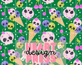 Summerween Skull Ice cream Pattern Summer Spooky Kawaii Dessert Digital Download Pastel Goth