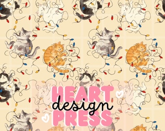 Playful Cats with Christmas Lights Pattern – Cozy Watercolor Holiday Seamless Design
