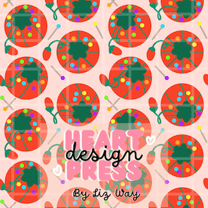 May include: A repeating pattern featuring red circles with green centers and colorful dots, resembling ornaments. The design includes small red bulb-like shapes and the text "HEART design PRESS By Liz Way" in pink and white.