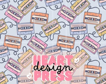 Retro Cassette Tape Seamless Pattern, Vintage 80s Music Digital Paper, Pastel Mixtape