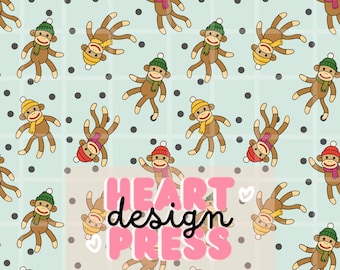 Winter Sock Monkey Seamless Pattern – Cozy Toy Design (Digital Download)