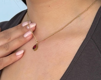 Red Teardrop Pendant Necklace for Women | Stainless Steel Minimalist Jewellery | Dainty Everyday Necklace