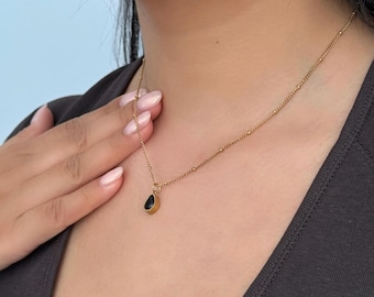 Black Teardrop Pendant Necklace for Women | Stainless Steel Minimalist Jewellery | Dainty Everyday Necklace