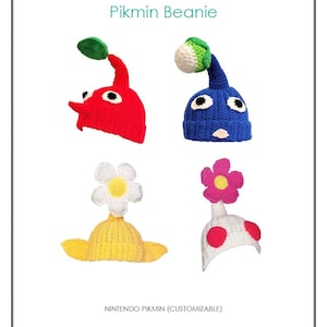 May include: Four crocheted beanies inspired by Pikmin characters. The red beanie has a leaf, the blue has a bud, the yellow has a white flower, and the white has a pink flower. Text reads: Pikmin Beanie, NINTENDO PIKMIN (CUSTOMIZABLE), AraAraMags | patterns | 2026.