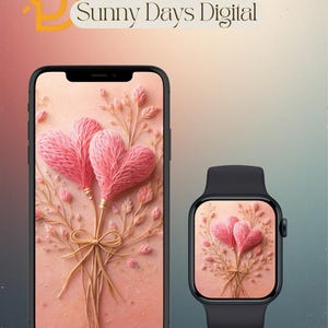May include: A smartphone and smartwatch display a pink heart bouquet design. The bouquet features two large, textured pink hearts tied with a gold ribbon, set against a soft pink background. The text "Sunny Days Digital" is at the top.