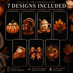 7 höst-AMOLED-bakgrundsbilder för telefoner, Thanksgiving-bakgrundspaket för iPhone, pumpahöst-låsskärmsbakgrunder