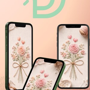 May include: Three smartphones with green and black frames display a floral design. The design features a large pink rose, smaller pink flowers, and pink hearts tied with a twine bow. The background is a light beige color.