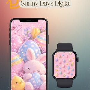 Puede incluir: Un smartphone y un smartwatch muestran un tema de Pascua en colores pastel. El teléfono muestra un conejito, un pollito y huevos decorados. El reloj muestra un patrón de huevos, flores y conejitos sobre un fondo rosa. El texto "Sunny Days Digital" está en la parte superior.