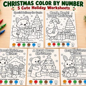 Weihnachtliche Malen-nach-Zahlen-Vorlagen, 5 druckbare Weihnachtsmalvorlagen für Kinder, Aktivitäten für Schule und Homeschooling, PDF